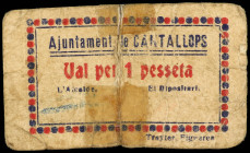 Catalonia
1 Pesseta. 12 Abril 1937. Aj. de CANTALLOPS. Cartón. (Roturas y cinta adhesiva). RARO. AT-643a. BC+.