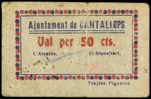 Catalonia
50 Cèntims. 12 Abril 1937. Aj. de CANTALLOPS. Cartón. RARO. AT-644a. MBC-.