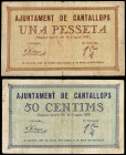 Catalonia
Lote 2 billetes 50 Cèntims y 1 Pesseta. 14 Agost 1937. Aj. de CANTALLOPS. Serie A. Sin sello. MUY ESCASO. AT-645a, 646a. MBC- a MBC.