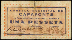 Catalonia
1 Pesseta. C.M. de CAPAFONTS. Con firmas. (Pequeñas roturas, algo sucio). MUY RARO. AT-647; RGH-7365. MBC-.