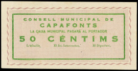 Catalonia
50 Cèntims. C.M. de CAPAFONTS. Sin firmas y con sello tampón en reverso. MUY RARO. AT-648; RGH-7364. EBC-.