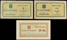 Catalonia
Lote 3 billetes 25 y 50 Cèntims y 1 Pesseta. Agost 1937. C.M. de CAPÇANES. 1ª Emisión. AT-650/652; RGH-7366/68. MBC- a SC.