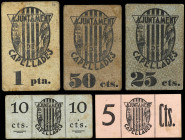 Catalonia
Lote 5 billetes 5, 10, 25, 50 Cèntims y 1 Pesseta. Maig 1937 y 27 Setembre 1937. Aj. de CAPELLADES. Cartón. (Algo sucios). A EXAMINAR. ESCA...