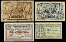 Catalonia
Lote 4 billetes 25, 50 Cèntims (2) y 1 Pesseta. 24 Setembre 1937 y Sin Fecha. Aj. de CARDEDEU. Diferentes. A EXAMINAR. BC+ a MBC+.