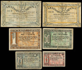 Catalonia
Lote 6 billetes 15, 25, 50 Cèntims, 0, 50 y 1 Pesseta (2). 1937. Aj. de CARDONA. Diferentes. A EXAMINAR. AT-672, 673, 676/679. MBC- a MBC+....