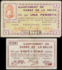 Catalonia
Lote 2 billetes 25 Cèntims y 1 Pesseta. Agost i Febrer 1937. Aj. de CASSÀ DE LA SELVA. AT-687/88. MBC y MBC+.