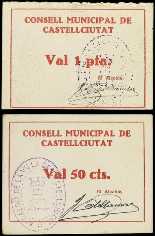 Catalonia
Lote 2 billetes 50 Cèntims y 1 Pesseta. C.M. de CASTELLCIUTAT. Cartón...