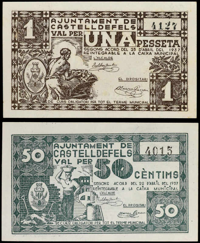 Catalonia
Lote 2 billetes 50 Cèntims y 1 Pesseta. 22 Abril 1937. Aj. de CASTELL...