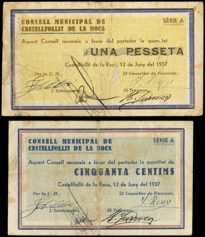 Catalonia
Lote 2 billetes 50 Cèntims y 1 Pesseta. 12 Juny 1937. C.M. de CASTELL...