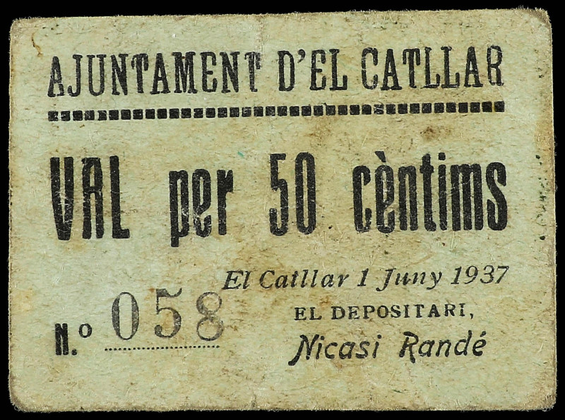 Catalonia
50 Cèntims. Juny 1937. Aj. d´ EL CATLLAR. (Manchitas). MUY RARO. AT-7...