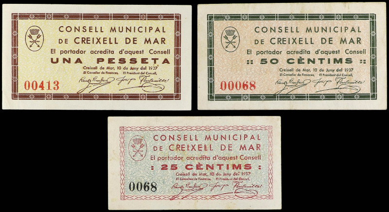 Catalonia
Lote 3 billetes 25 y 50 Cèntims y 1 Pesseta. 10 Juny 1937. C.M. de CR...