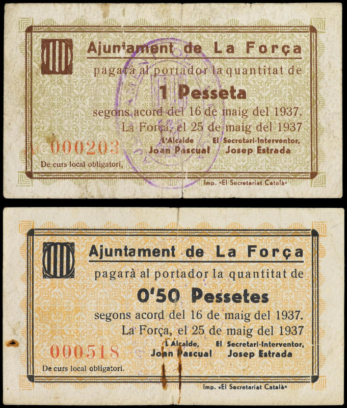 Catalonia
Lote 2 billetes 0, 50 y 1 Pesseta. 16 Maig 1937. Aj. de LA FORÇA. (Le...