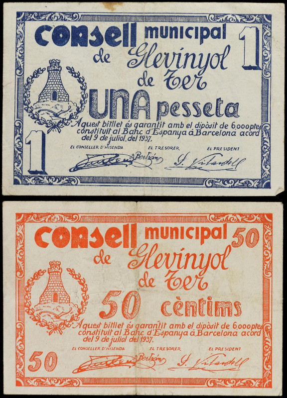 Catalonia
Lote 2 billetes 50 Cèntims y 1 Pesseta. 9 Juliol 1937. C.M. de GLEVIN...