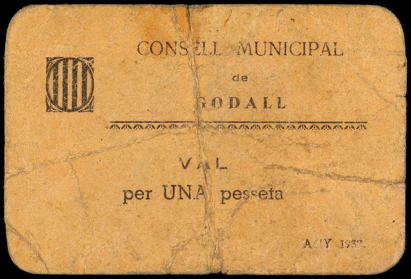 Catalonia
1 Pesseta. 1937. C.M. de GODALL. Cartón. RARO. AT-1139; RGH-8057. MBC...