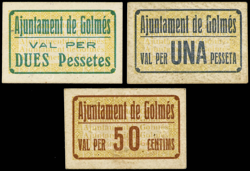 Catalonia
Lote 3 billetes 50 Cèntims y 1 y 2 Pessetes. Aj. de GOLMÉS. Cartón. (...