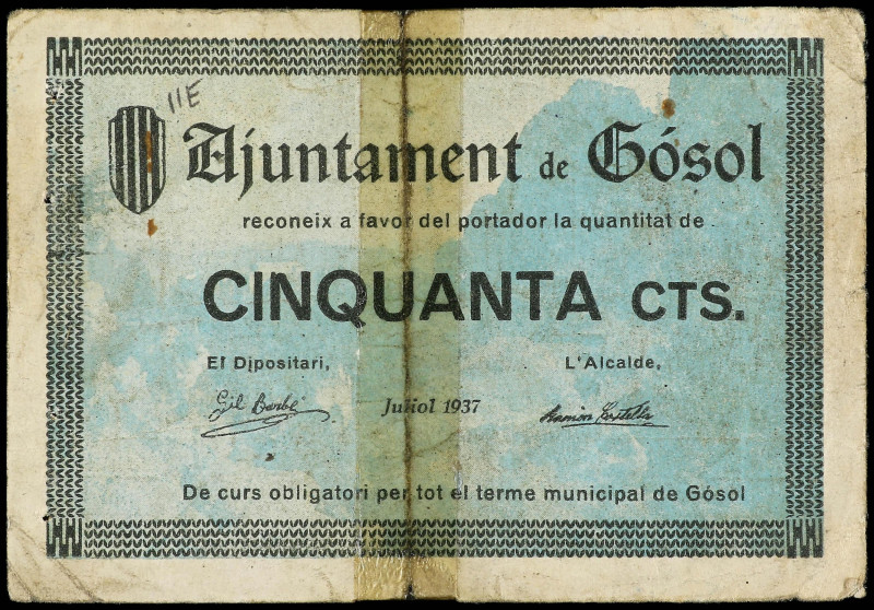 Catalonia
50 Cèntims. Juliol 1937. Aj. de GÓSOL. (Rotura, cinta adhesiva). RARO...