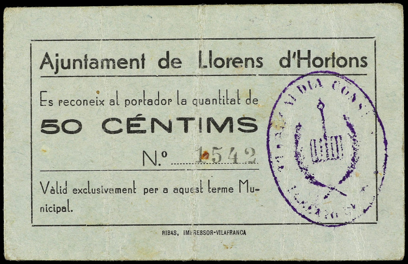 Catalonia
50 Cèntims. Aj. de LLORENS D´ HORTONS. (Manchitas). RARO. AT-1366. MB...