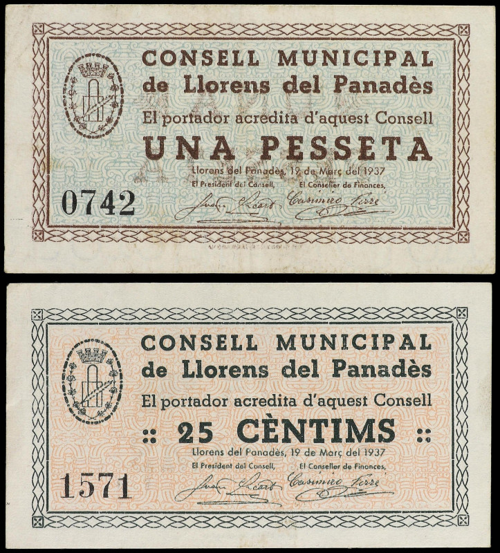 Catalonia
Lote de 2 billetes de 25 Cèntims y 1 Pesseta. C.M. de LLORENS DEL PEN...