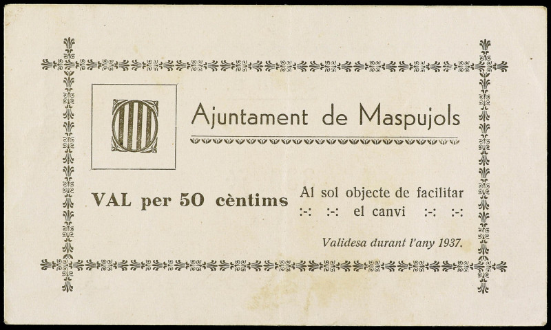 Catalonia
50 Cèntims. 1937. Aj. de MASPUJOLS. MUY RARO. AT-1470. MBC+.