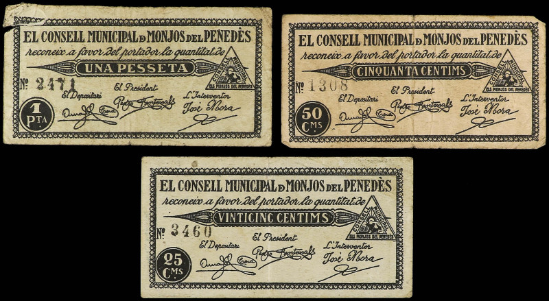 Catalonia
Lote de 3 billetes de 25, 50 Cèntims y 1 Pesseta. C.M. de MONJOS DEL ...