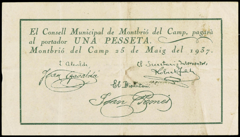 Catalonia
1 Pesseta. 25 Maig 1937. C.M. de MONTBRIÓ DEL CAMP. (Manchitas). MUY ...