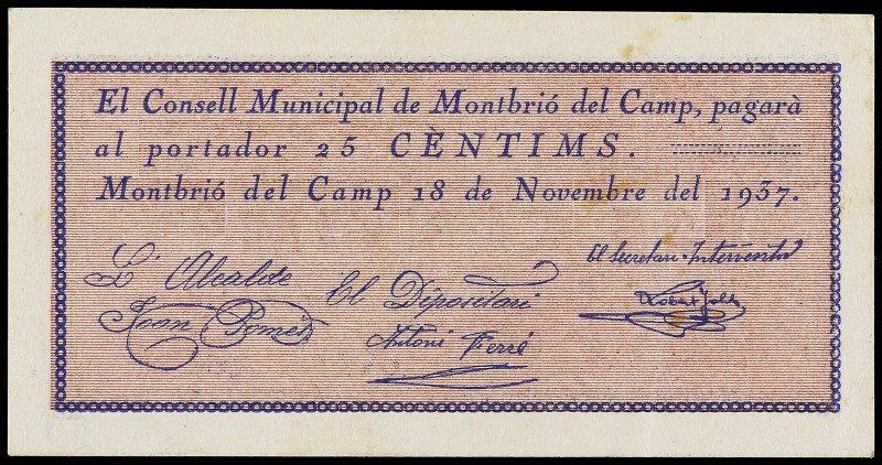 Catalonia
25 Cèntims. 18 Novembre 1937. C.M. de MONTBRIÓ DEL CAMP. (Manchitas)....