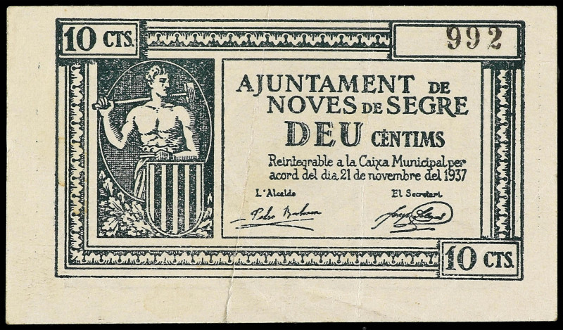 Catalonia
10 Cèntims. 21 Novembre 1937. Aj. de NOVES DE SEGRE. (Rotura). MUY ES...