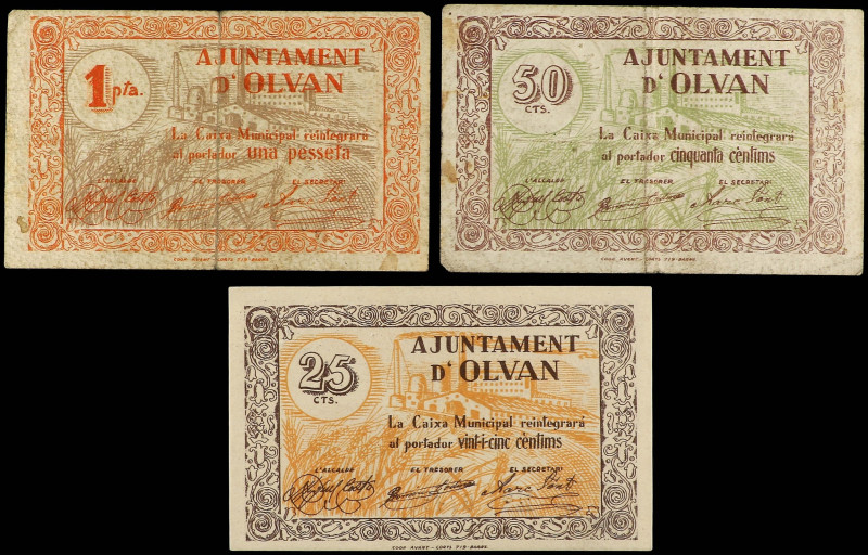 Catalonia
Lote 3 billetes 25, 50 Cèntims y 1 Pesseta. Aj. d´ OLVAN. AT-1704a, 1...