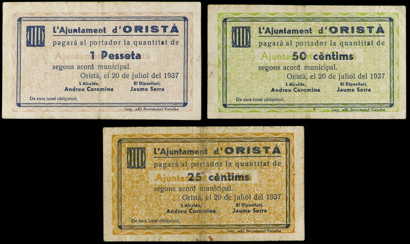 Catalonia
Lote 3 billetes 25, 50 Cèntims y 1 Pesseta. 20 Juliol 1937. Aj. d´ OR...