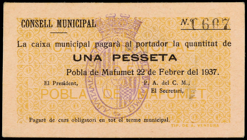 Catalonia
1 Pesseta. 22 Febrer 1937. C.M. de LA POBLA DE MAFUMET. MUY ESCASO. A...