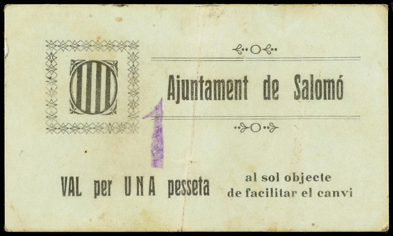 Catalonia
1 Pesseta. Aj. de SALOMÓ. Firma estampillada en negro y la otra en vi...