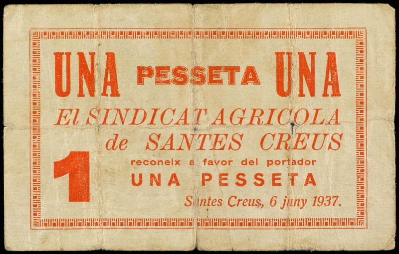 Catalonia
1 Pesseta. 6 Juny 1937. SINDICAT AGRÍCOLA de SANTES CREUS. (Pequeñas ...