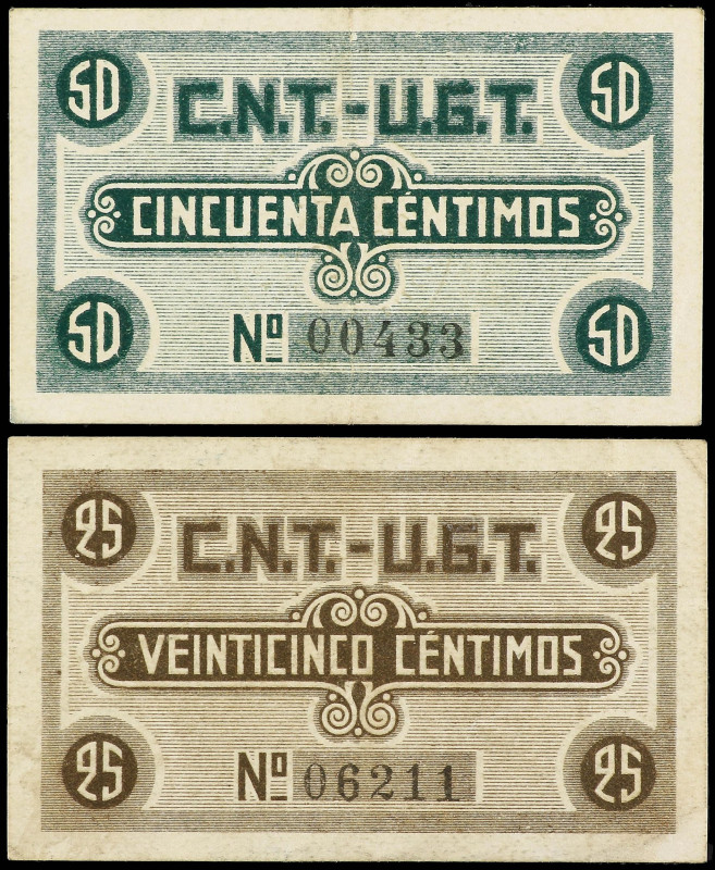 Catalonia
Lote 2 billetes 25 y 50 céntimos. Junio 1937. Federación de Colectivi...