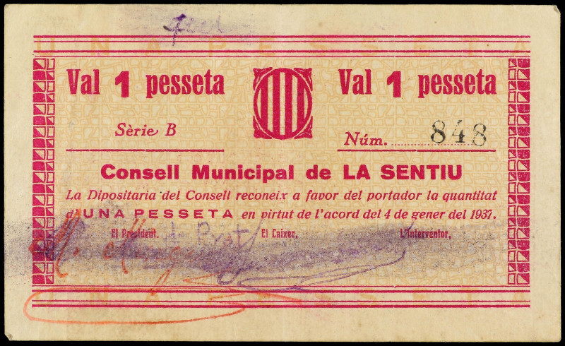 Catalonia
1 Pesseta. 4 Gener 1937. C. M. de LA SENTIU. (zonas con letras manusc...
