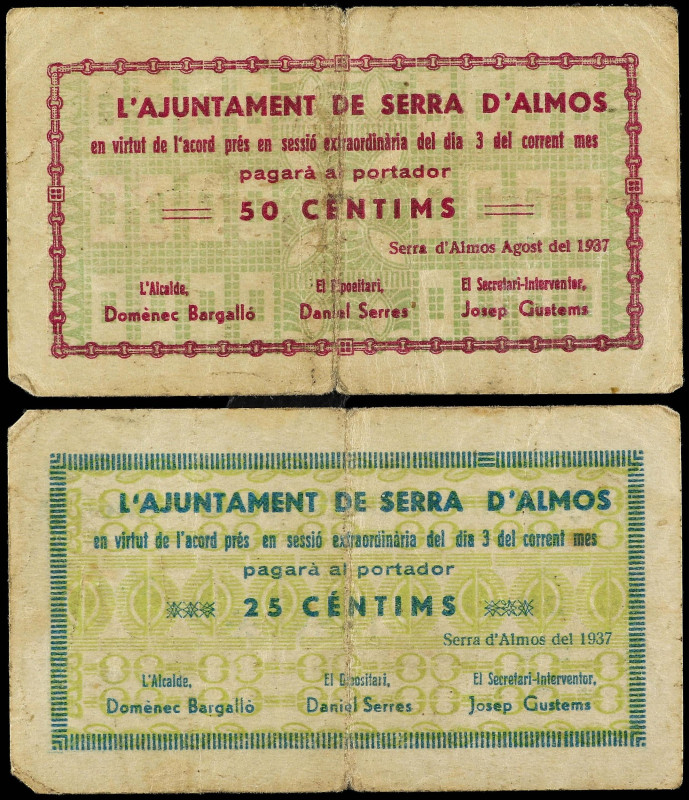 Catalonia
Lote 2 billetes 25 y 50 Cèntims. Agost 1937. Aj. de SERRA D´ ALMÓS. (...