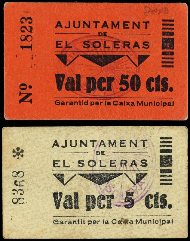 Catalonia
Lote 2 billetes 5 y 50 Cèntims. Aj. de EL SOLERAS. Cartón. AT-2384, 2...