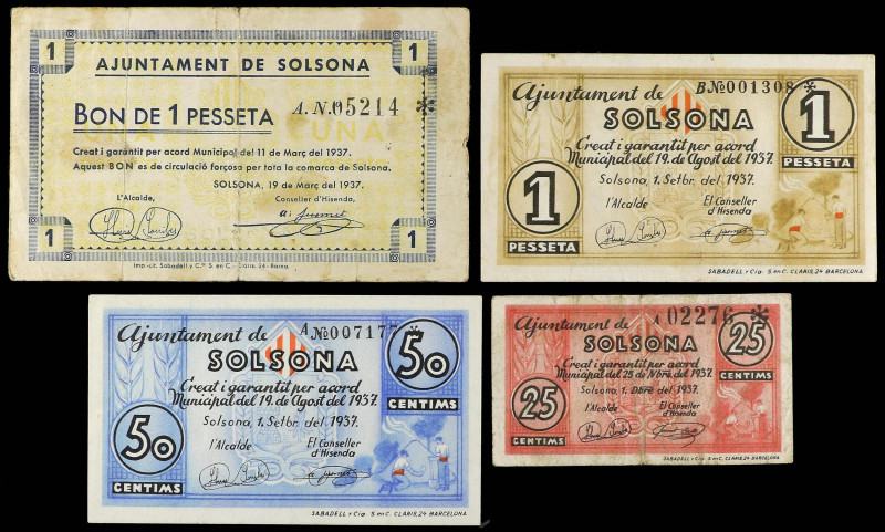 Catalonia
Lote 4 billetes 25 y 50 cèntims y 1 Pesseta (2). Març, Setembre y Des...