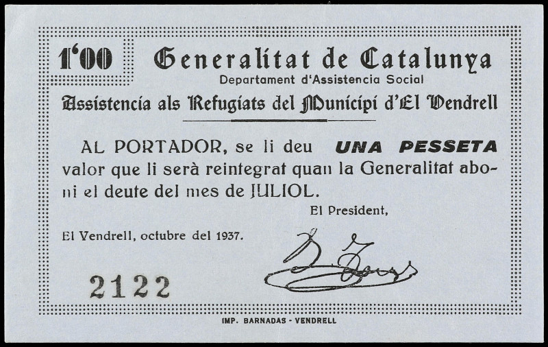 Catalonia
1 Pesseta. Octubre 1937. Municipi d´ EL VENDRELL. ASSISTÈNCIA ALS REF...