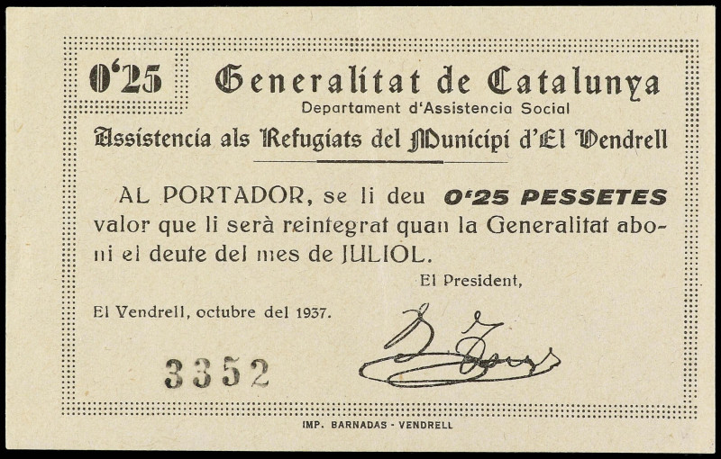 Catalonia
0, 25 Pessetes. Octubre 1937. Municipi d´ EL VENDRELL. ASSISTÈNCIA AL...