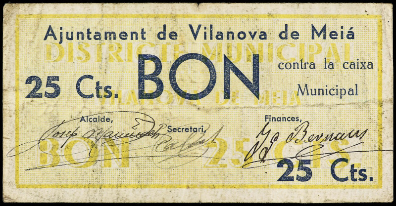 Catalonia
25 Cèntims. 15 Març 1937. Aj. de VILANOVA DE MEIÀ. (Sucio). AT-2847. ...