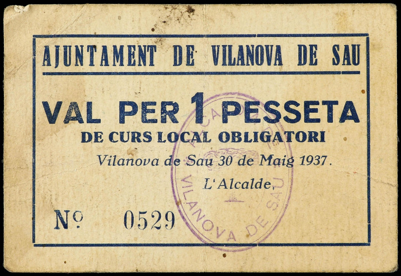 Catalonia
1 Pesseta. 30 Maig 1937. Aj. de VILANOVA DE SAU. Cartón. (Manchitas)....