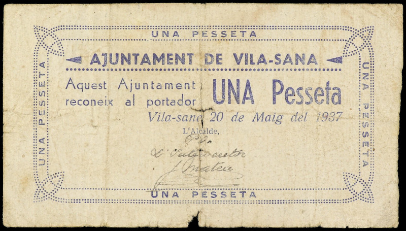 Catalonia
1 Pesseta. 20 Maig 1937. Aj. de VILA-SANA. (Roturas). RARO. AT-2877. ...