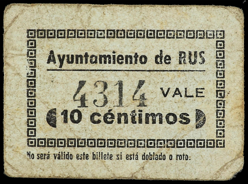 Andalucia
10 Céntimos. Ay. de RUS (Jaén). (Algo sucio). RARO. RGH-4614. MBC.