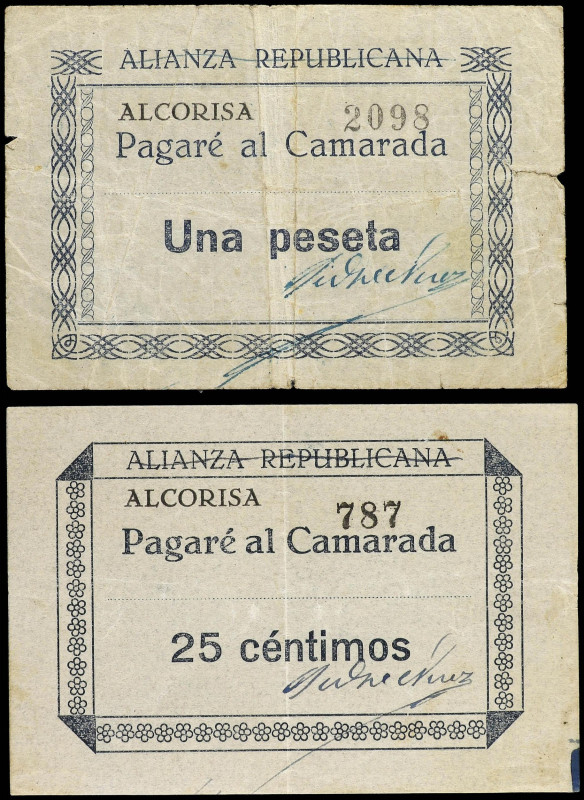 Aragon
Lote 2 billetes 25 Céntimos y 1 Peseta. ALIANZA REPUBLICANA. ALCORISA (T...