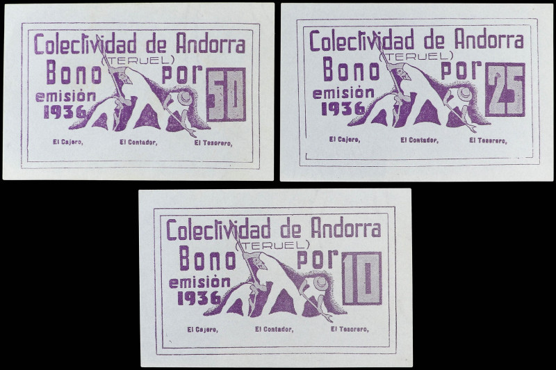 Aragon
Lote 3 billetes 10, 25 y 50 Céntimos. Colectividad de ANDORRA (Teruel). ...