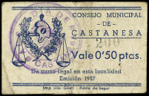 Aragon
0, 50 Pesetas. 1937. C.M. de CASTANESA (Huesca). RARO. RGH-1746. MBC.