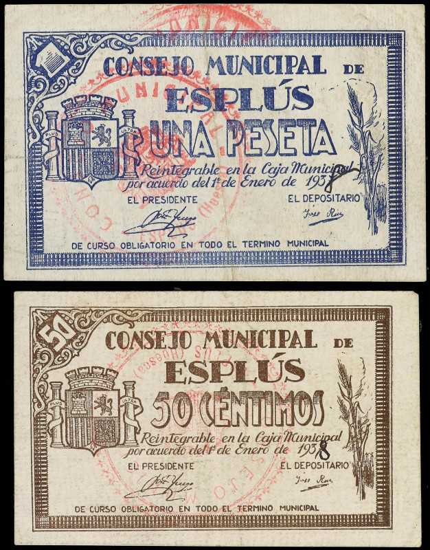 Aragon
Lote 2 billetes 50 Céntimos y 1 Peseta. Enero 1938. C.M. de ESPLÚS (Hues...