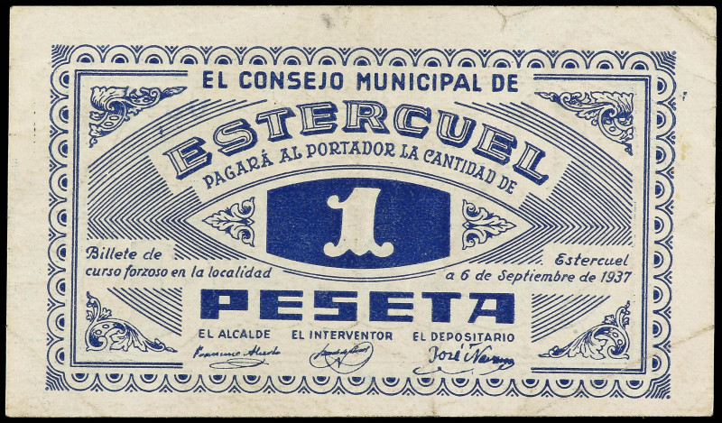 Aragon
1 Peseta. Septiembre 1937. C.M. de ESTERCUEL (Teruel). ESCASO. RGH-2363....