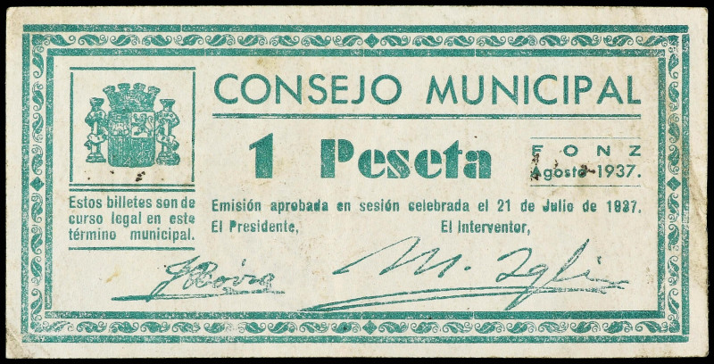 Aragon
1 Peseta. 21 Julio 1937. C.M. de FONZ (Huesca). (Algo sucio). ESCASO. RG...