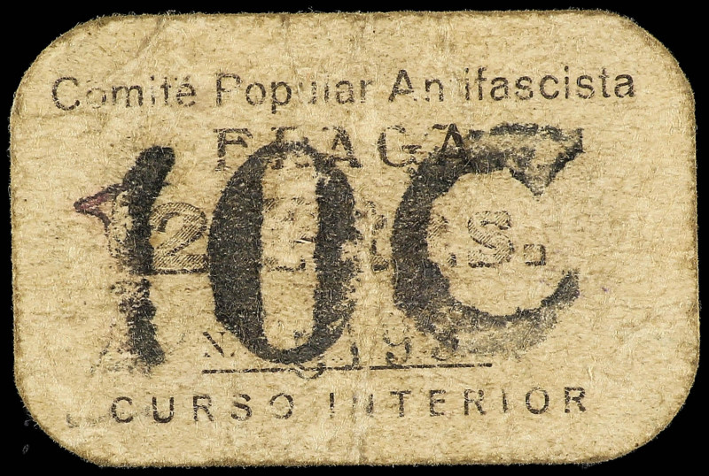 Aragon
10 Céntimos resellados sobre 2 Pesetas. Comité Popular Antifascista FRAG...